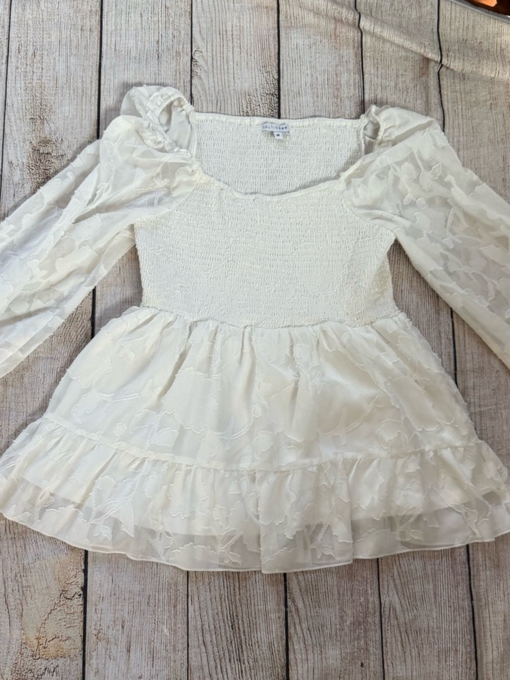Baltic Born White Smocked Square Neck Puff Sleeve Tiered Ruffle Blouse Medium
